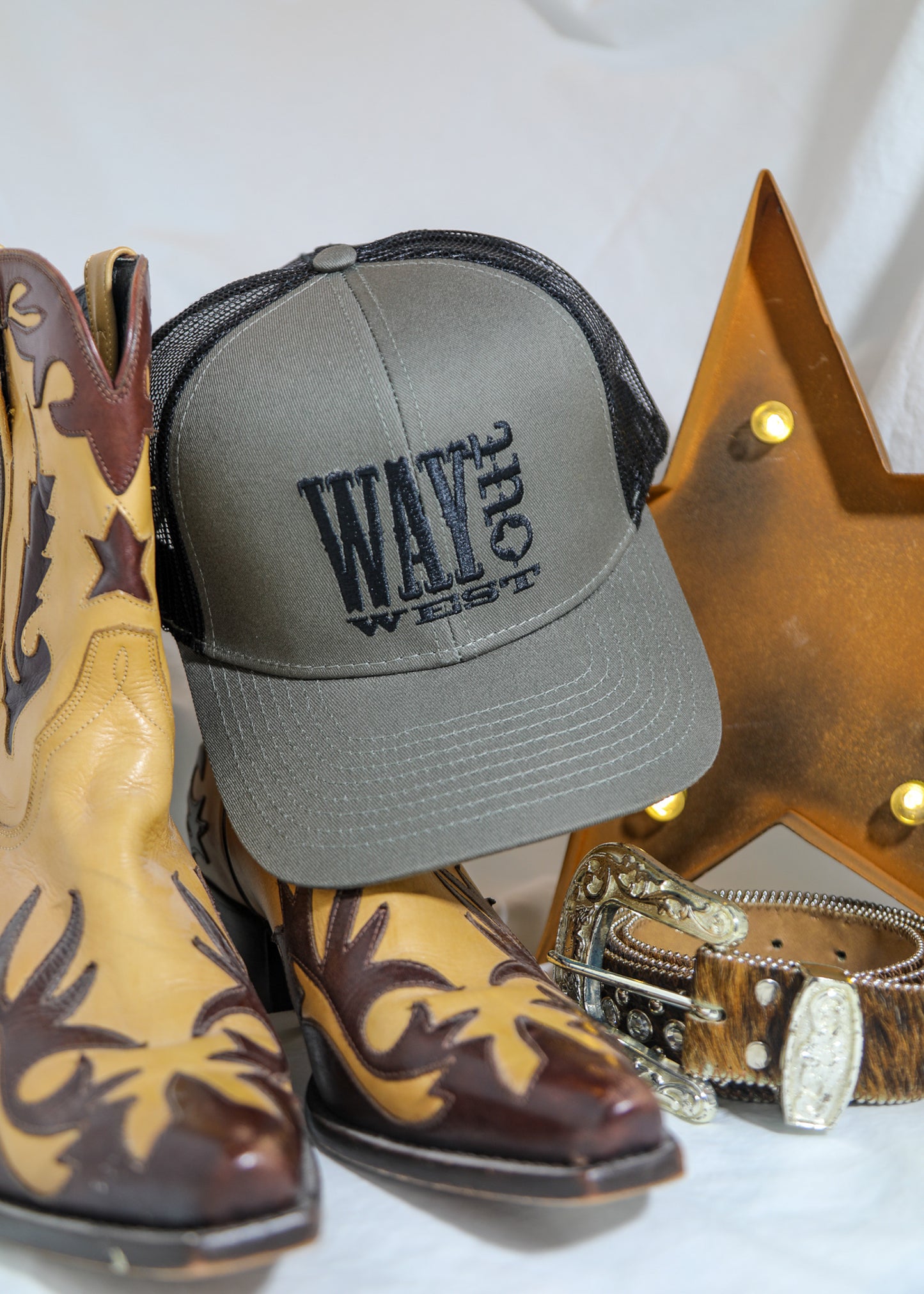 Embroidered WOW Black-Olive Mesh Trucker Hat